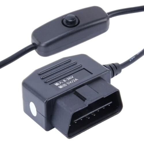 OBD2 Car Auto Charging Cable 16Pin obd2 Mini USB Power Adapter Switch Button for GPS Tablet E-dog Phone Length 3.4m