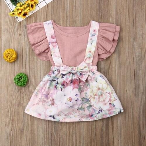 Toddler Kids Baby Girl Tops Romper Ruffle Knit Tops Floral Suspender Skirt 2Pcs Outfits Clothes Suit