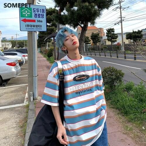 Striped Contrast Short Sleeve T-Shirt Mens Trendy Summer Street Hip Hop Loose Retro Couple Tops Personality Cotton Half Sleeve