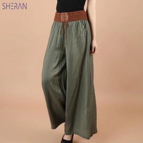 SHERAN Cotton Linen Soft Wide Leg Women Pants Elastic Waist Ankle-Length Solid Color Summer Loose Trouser 90CM pantalon femme