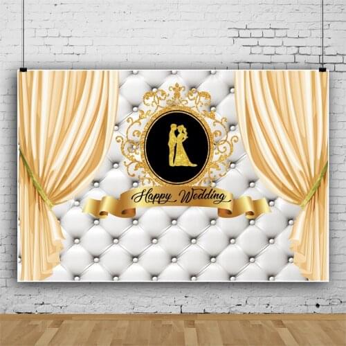 Laeacco Happy Wedding Background White Headboard Texture Gold Curtain Banner Personalized Poster Photographic Photo Backdrops