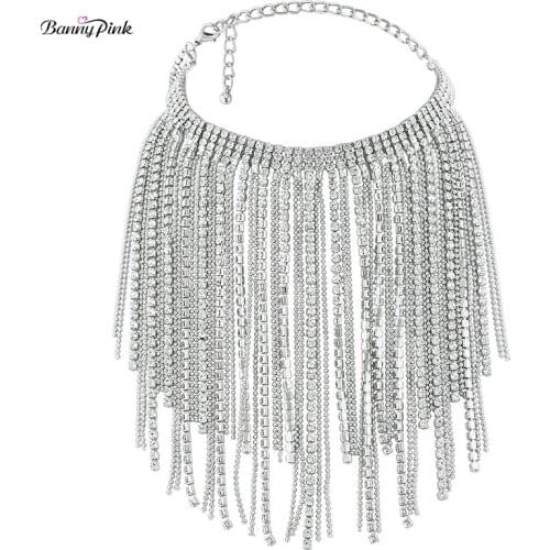 Chunky Long Tassel Crystal Chain Choker Necklace For Women Luxury Rhinestone Choker Collar Fashion Bridal Jewelry Collier Colar