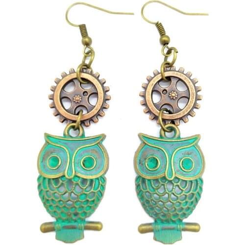 Copper Gears and Green Ox Owls Vintage Drop Earring