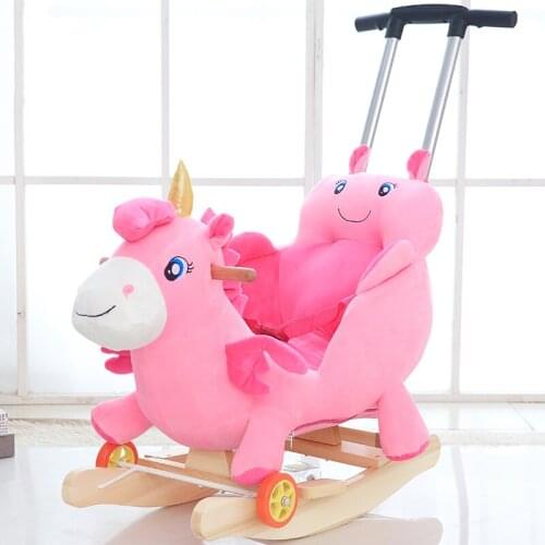 Multifunction plush stuffed animal Chair with wheel Wooden Animal Ride on Toys Baby Push Trolley with Music birthday gifts