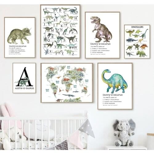 Cartoon Dinosaur Alphabet Map Customize Nursery Wall Art Canvas Painting Nordic Posters And Prints Wall Pictures Kids Room Decor