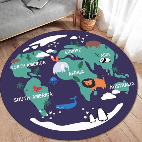 Cartoon Blue Animal World Kids Room Carpet World Map Children Bedroom Round Floor Mat Machine Wahshable Bedside Mat Nordic
