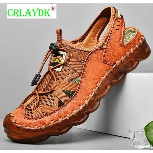 CRLAYDK Elastic Band Men Outdoor Waterproof Sandals Breathable Leather Hiking Flat Shoes Sport Beach Slippers Summer Slippers