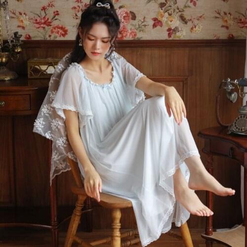 Fairy Night Dress Women Mesh Modal Long Sleep Gown Victorian Vintage Nightgown Romantic Sleepwear Princess Lace Peignoir Nightie