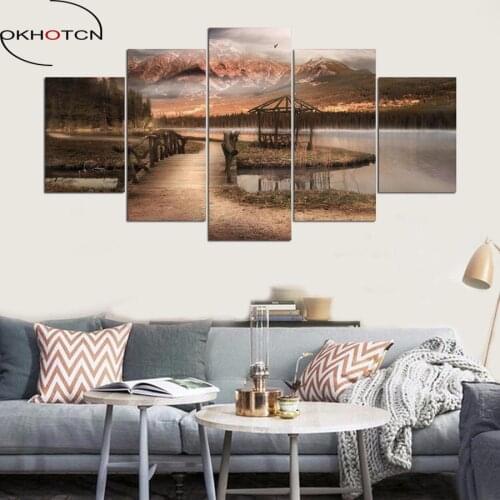 OKHOTCN Framed Printed Wall Art Pictures Poster Living Room Home Decor 5 Panel Mountain Lake Bridge Canvas Painting HD Printed