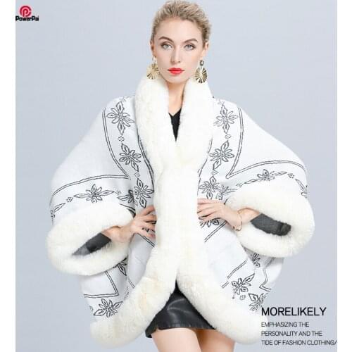 Fall Winter Women Cashmere Faux Fur Shawl Batwing Sleeves Cape Wraps Long Loose Delicate Embroidery Rex Rabbit Cappa Coat New