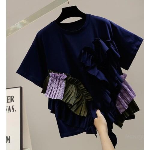 Personalized Irregular Ruffled Tshirt Women Color Contrast Patchwork Short Sleeve Casual Loose Crop Tops Female Clothing 2021