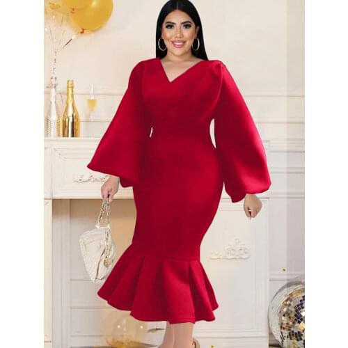 V Neck Dresses Plus Size Long Lantern Sleeve Bodycon Ruffles Midi Length Office Lady Evening Party Dress Autumn Fashion 2021 3XL