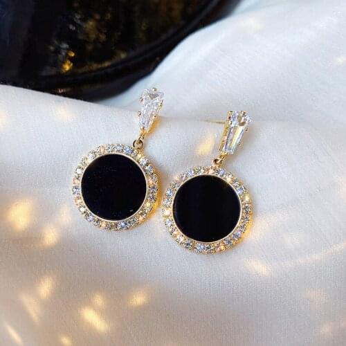 Korean Version of Hot New Black Round Rhinestone Earrings Fashion Simple and Versatile Temperament Woman Wedding Earring Jewelry