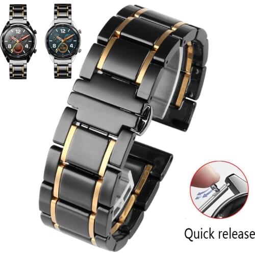 20mm 22mm luxury ceramic and stainless steel black gold strap for Samsung s2 3 4 Huawei GT watch strap bracelet wristband belt