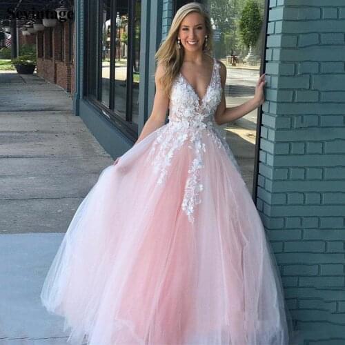 Sevintage Pink A Line V-Neck Lace Prom Dresses Sleeveless Beaded Tulle Girl Dress Women Formal Evening Gowns Long abendkleider