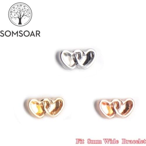 Somsoar Jewelry Double Heart Slide Charms fit 8mm Wide Leather Wrap Bracelet Wristband for child Toddler/Women 10pcs/lot