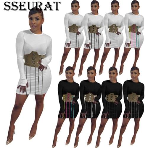 SSEURAT Women Mini Dress Solid Lace Up Tunic Long Sleeve Bodycon Dresses Vestidos