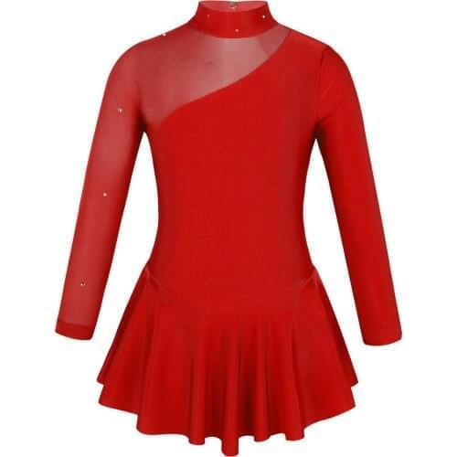Rhinestones Girls Gymnastics Figure Skating Ballet Leotard Tutu Dress Clothes Tulle Long Sleeve Stage Performance Dance Costume