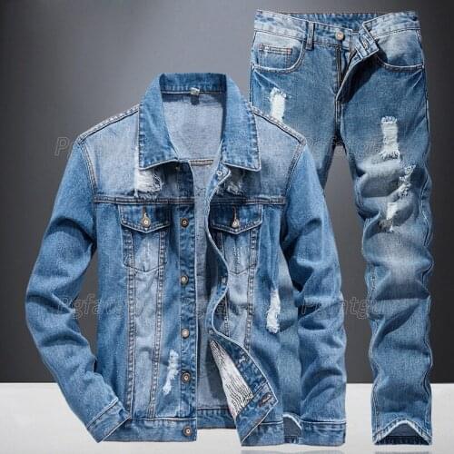 Light Blue Ripped Holes Mens Sets Spring Autumn Simple Casual Long Sleeve Denim Jacket and Pants Male Two Piece Jeans Set