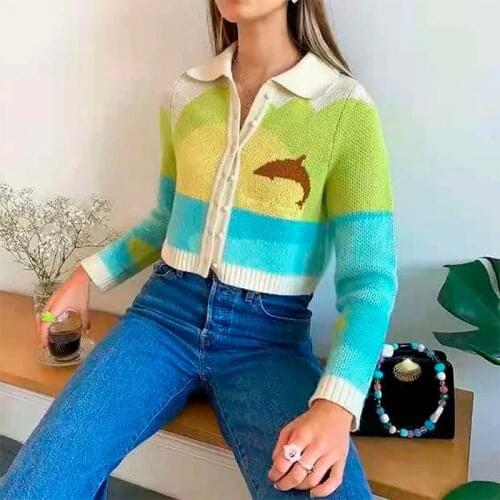 Autumn Winter New Dolphin Print Womens Sweater Turn-down Collar Long Sleeve Knit Short Cardigan Woman Fashion Sweet Sweaters