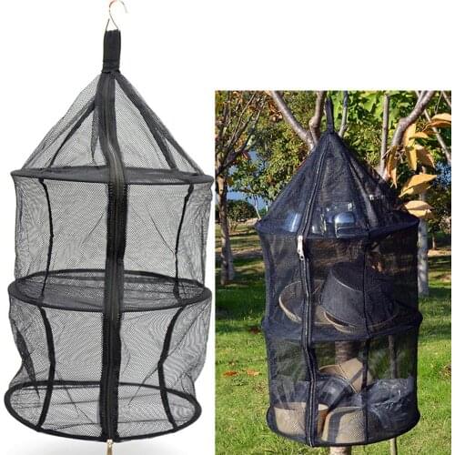 Outdoor Camping Three-layer Folding Storage Net Pocket Clothes Hanging Nylon Net Circular Airing Net Fruit Vegetable Air-drying