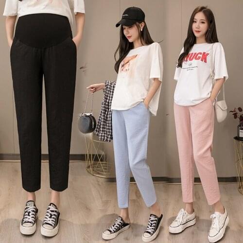 Spring Summer 9/10 Thin Cotton Linen Maternity Pants Elastic Waist Belly Straight Pants for Pregnant Women Pregnancy Casual