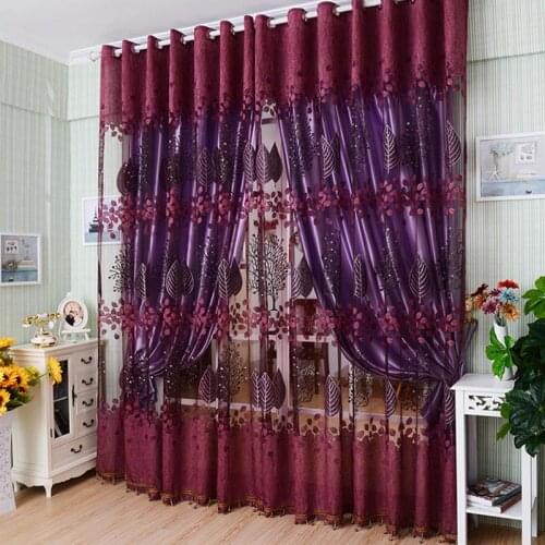 Wine Red Tulle Window Curtain Luxury Floral Sheer Curtains for Kitchen Living Room The Bedroom Window Treatments Panel Draperies