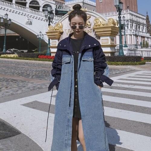 Hooded Patchwork Denim Trench Coat For Women Streetwear Loose Long With Belt Jeans Female Long Windbreaker