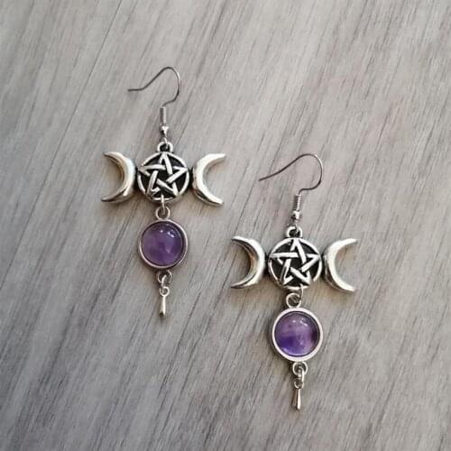 Witch Pentagram Triple Moon Purple Stone Earrings Natural Stone Wicca Witchy Goth Statement Jewelry Gothic Fashion Women Gift