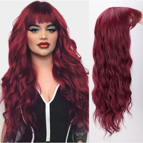 Is a wig Synthetic Wigs Water Wave Long Red Cosplay Wig with Bangs for Women Pink Brown Black Heat Resistant False Hair