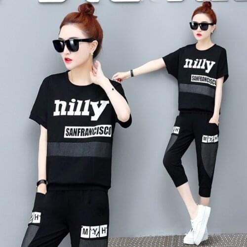 Korean Style Letter Print Tracksuit Women Two Piece Set Summer Clothes O-Neck Top Capri Pants Suit Casual Womens Sets Outfits