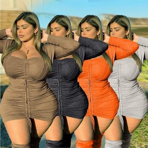 Big Size Women Dress Skinny Elastic Full Sleeve Square Collar Empire Mini Dresses Office Lady Streetwear Summer 2021 New