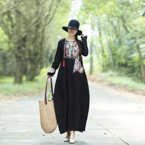 Women Dress Autumn 2019 Robe Vintage Femme Cotton Linen Embroidery Long Sleeve Oriental Dress Black Yellow Chinese Dress AA4559