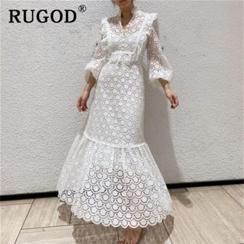 RUGOD Vintage embroidery long maxi dress women Fashion Ruffles lantern sleeve white party dress ladies Fashion holow out dresses