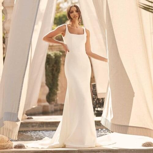 White Sexy Backless Mermaid Wedding Dresses 2021 Elegant Square Collar Sleeveless Sweep Train Jersey Bridal Gowns