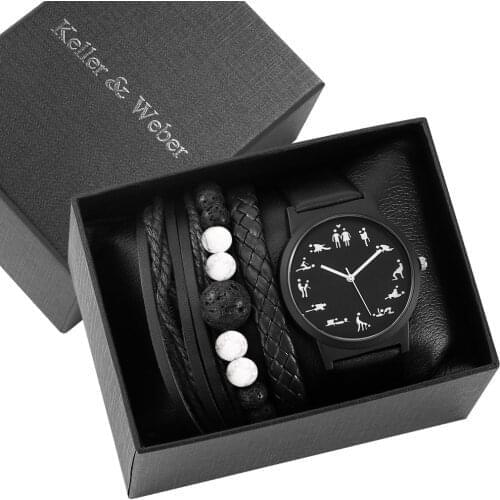 Male Watch Bracelet Set Fashion Quartz Dial Clocks Leather Strap Band 3 Pieces Hand Chains Black Watches Gift Set for Father Son