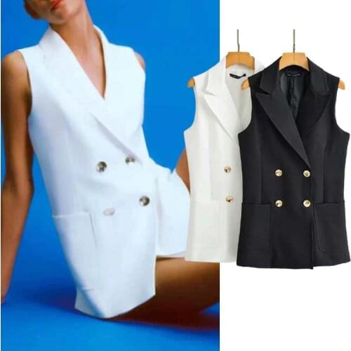 Klkxmyt Za 2021 Women Simply Double Breasted Vest Jacket Office Ladies Wear Casual SlimSuit Style Waistcoat Outwear Tops