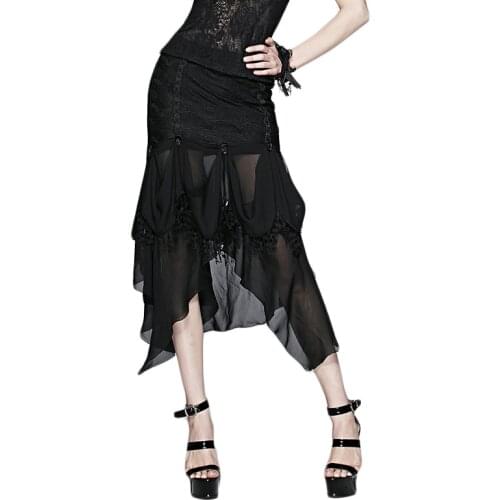 Summer Sexy Punk Gothic Womens Asymmetirc Skirt Black Chiffon Natural Waist Women Ladies Midi Skirts Q-253