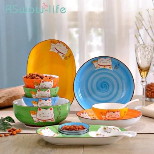 Cute Lucky Cat Underglaze Household Ceramic Soup Bowl Round Dinner Plate Rectangular Dinner Plate Fish Plate Ramen Bowl