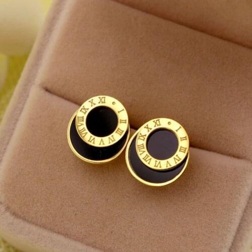 Tide Female Roman Round Circle Round Black Earrings Earrings Fashion Wild Accessories Titanium Steel Jewelry