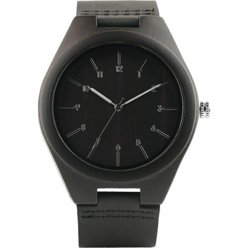 Simple Style Handmade Nature Sandal Wood Clock Mens Quartz Analog Wristwatch Arabic Number Dial Black Brown Leather Strap Gift