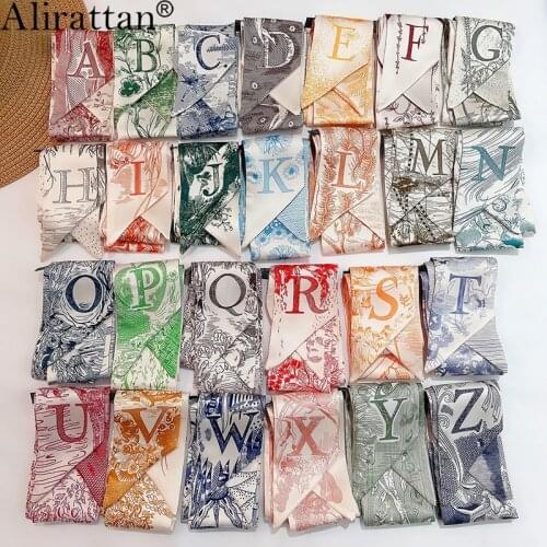 Alirattan New Trendy 26 English Letters Scarf For Women Desginer High Quality Silk Scarf Hijab Neckerchief Hair Scarf Headbands