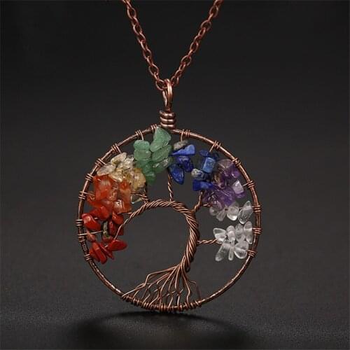 7 Chakra Handmade Tree Of Life Pendant Necklace Copper Crystal Natural Stone Necklace Quartz Stones Pendants Women Jewelry Gift