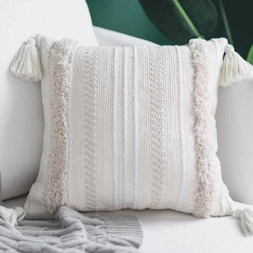 Tassel Beige White Woven Cushion Cover Tufted PillowCase Car Office Sofa Decorative Pillow Case Waist Cushion Cover 50*50CM