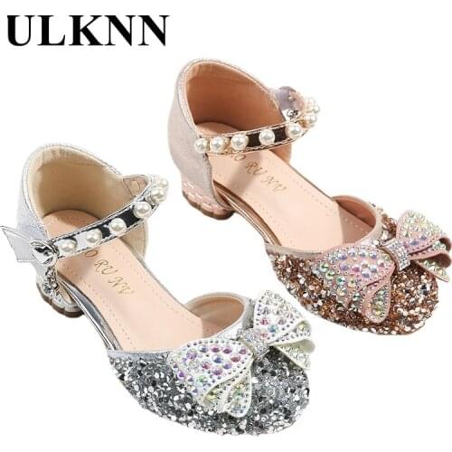 ULKNN Girls Knot Flats Sandals 2021 Summer Sandals New Little Kids Show Beading Princess Shoes Children Rhinestone High Heels