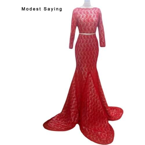 Sexy Backless Red Mermaid Lace Cover Long Sleeve Evening Dresses 2017 with Belt formal Prom Gowns vestido de festa longo SE18