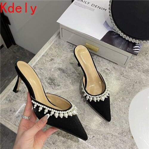 Slippers Casual High-Heeled Shoes Lady String Bead Slides Pointed Toe Mules For Women 2021 Luxury Thin Fashion Fabric Basic PU