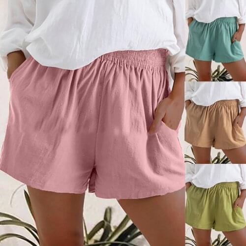 Solid Elastic Waist High waisted Summer Shorts Beach Casual Pockets Bermuda Fashion lovely sweet Shorts Womens Autumn Short