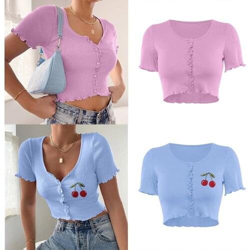 Sweetheart Neckline Tees Lettuce Trim Button Front Cropped Top Ruffer Fringe Ribbed Cherry Print & Solid T-Shirt