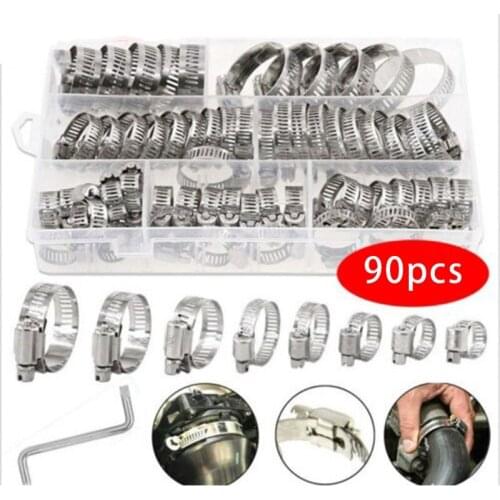 90Pcs 8-44mm Circular Air Water Pipe Fuel Hose Clips Stainless Steel Fixed Clamp Worm Gear Hose Clamp F19A